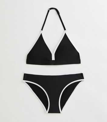 Girls Black Contrast Trim Halterneck Bikini Set