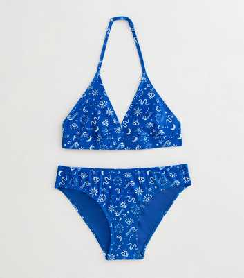 Girls Bright Blue Mystic Print Halternek Bikini Set