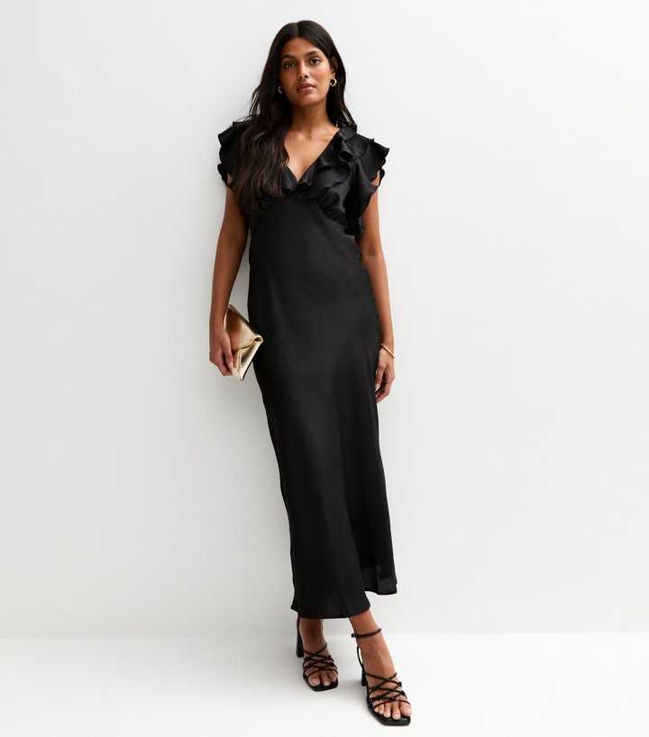 Black Crinkled Satin Ruffled Midi Dress