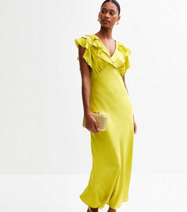Light Green Satin Ruffled Midi Dress