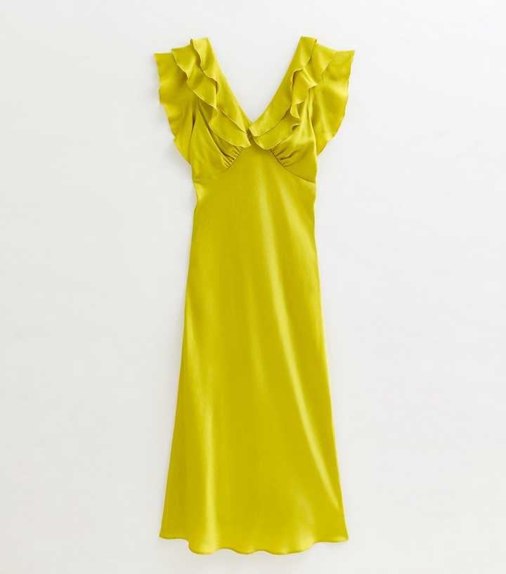 new look green satin dress New Look one shoulder slip maxi dress in green