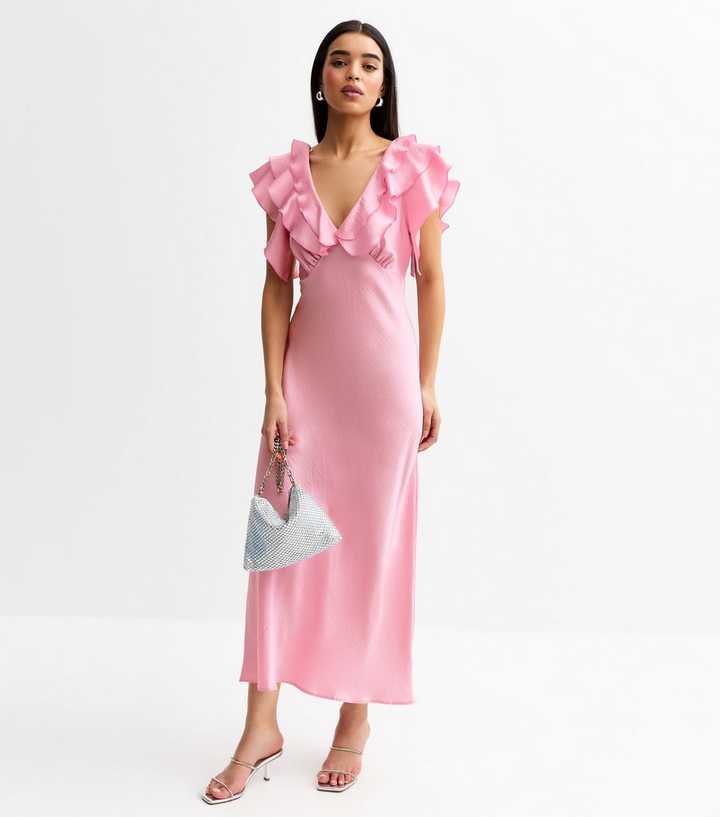 Pink Satin Ruffled Midi Dress