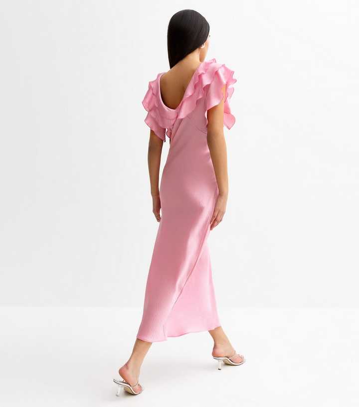 Pink Satin Ruffled Midi Dress
