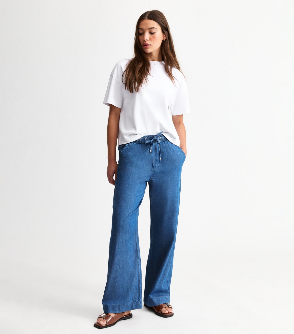 Women's Blue Drawstring Waist Denim Trousers New Look