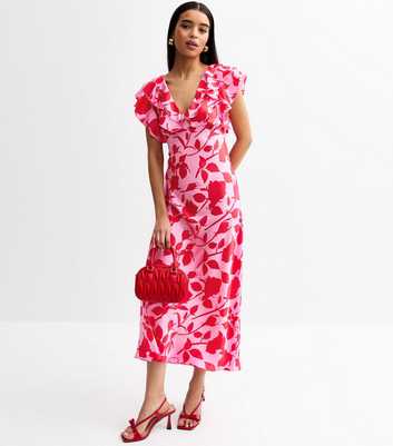 Pink Satin Floral print Ruffle Trim Midi Dress