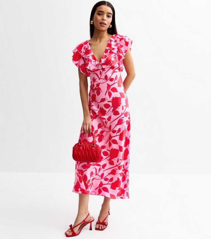 new look ruffle sleeve satin midi dress in pink New Look Satin Ruffle Trimmed V-Neck Midi Dress - Light Pink