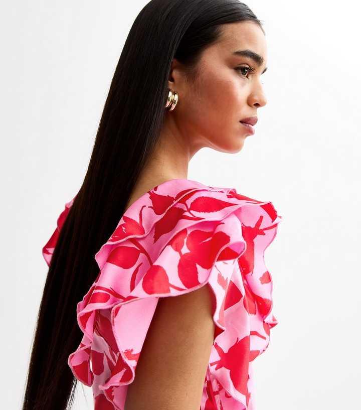 new look ruffle sleeve satin midi dress in pink Vestido Midi Ever So Sweet Satin Ruffle - Rosa