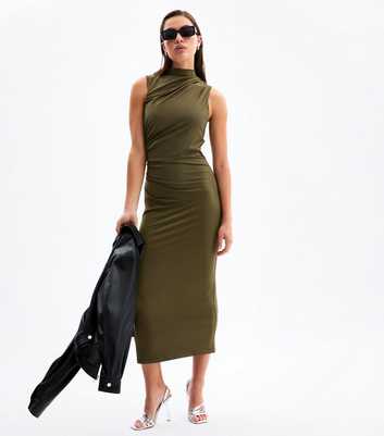 Khaki High Neck Ruched Midi Dress
