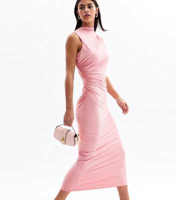 Pink Jersey High Neck Ruched Midi Dress