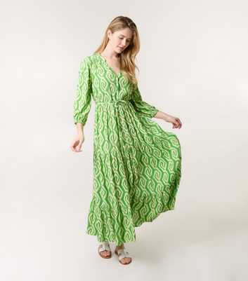 Blue Vanilla Green Abstract Print V-Neck Midi Dress