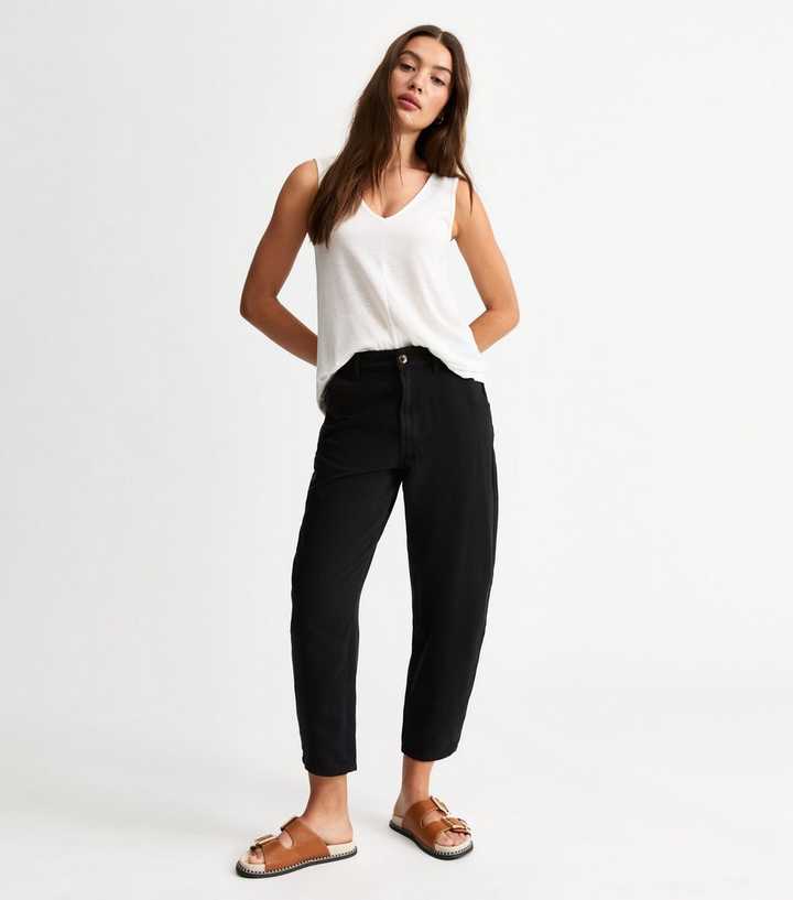 Black Twill Barrel Leg Ankle Grazer Cargo Trousers