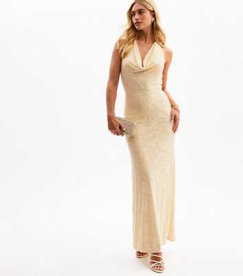 Off White Jacquard Cowl Halterneck Midi Dress