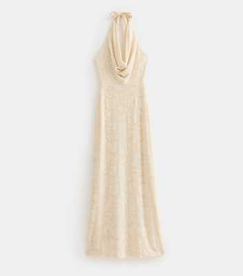 Off White Jacquard Cowl Halterneck Midi Dress