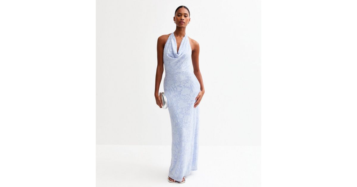 Blue Jacquard Cowl Halterneck Midi Dress | New Look