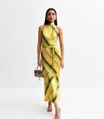 Green Satin Stripe Print Halterneck Midi Dress
