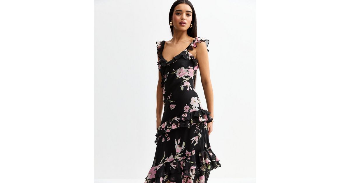chinese dress ladies Shop Stage Black Floral Satin Puff Sleeve Floaty Maxi Dress