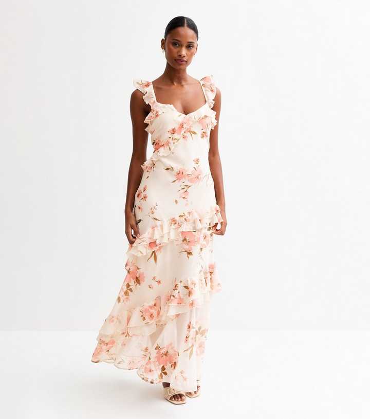 Cream Vintage Floral Print Chiffon Maxi Dress