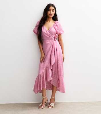 Light Pink Textured Wrap Ruffle Midi Dress