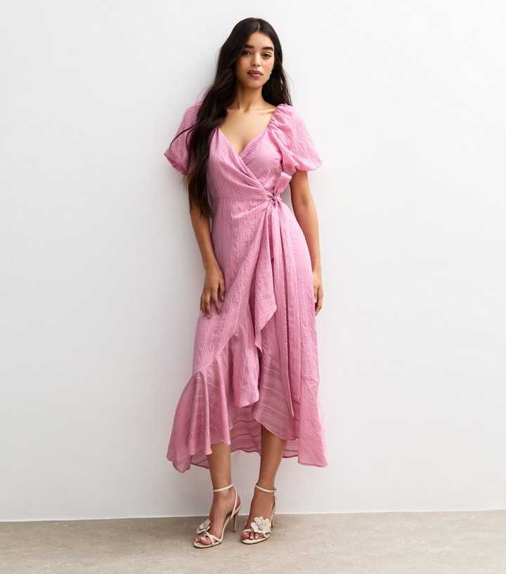 Light Pink Textured Wrap Ruffle Midi Dress