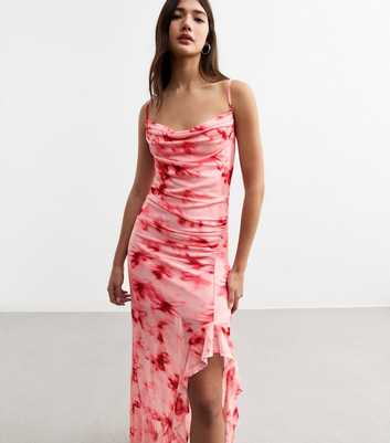 Pink Diamante Embellished Floral Print Mesh Midi Dress