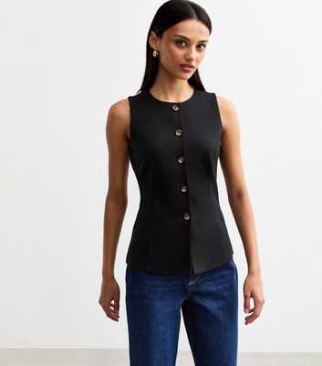 Black Buttoned Crew Neck Ponte Waistcoat