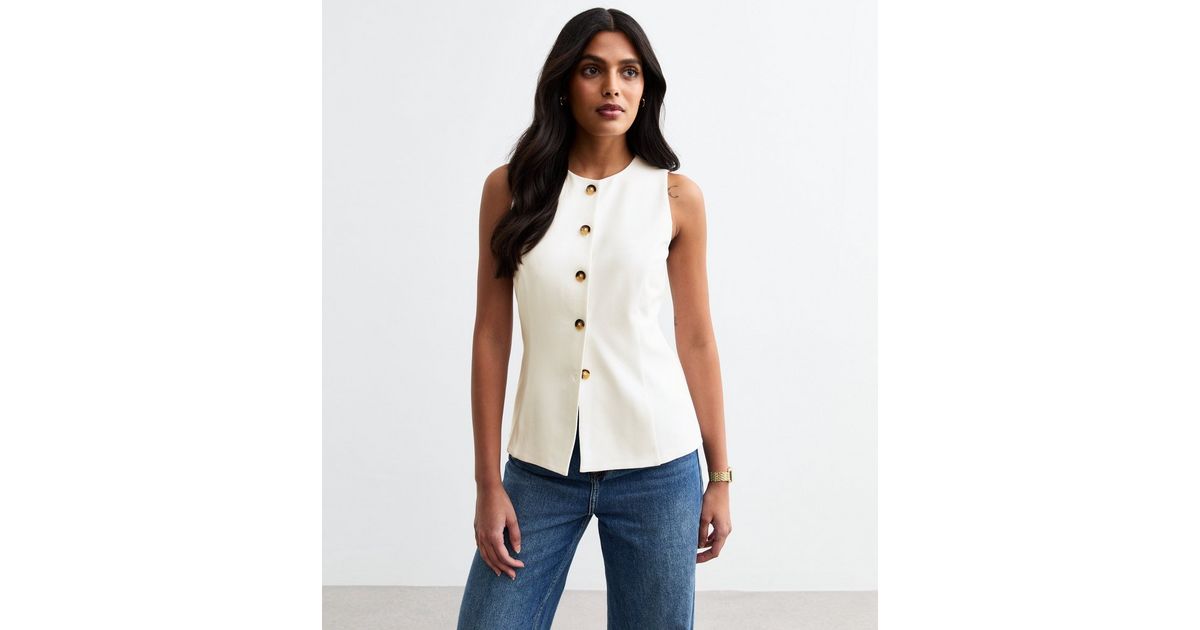 White Buttoned Crew Neck Ponte Waistcoat New Look