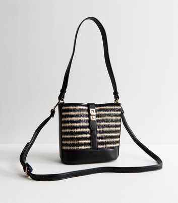 Black Faux Leather Twist Lock Raffia Look Stripe Bucket Bag