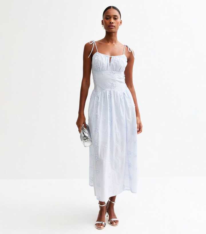 Blue Floral Embroidered Cotton Midi Dress