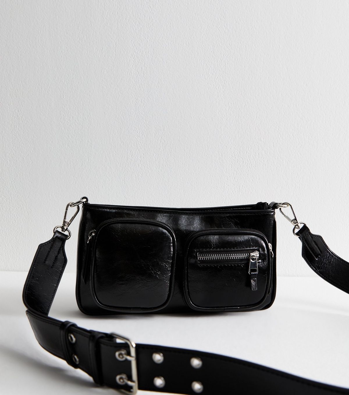 Black Zipped Pocket Faux Leather Crossbody Bag New Look