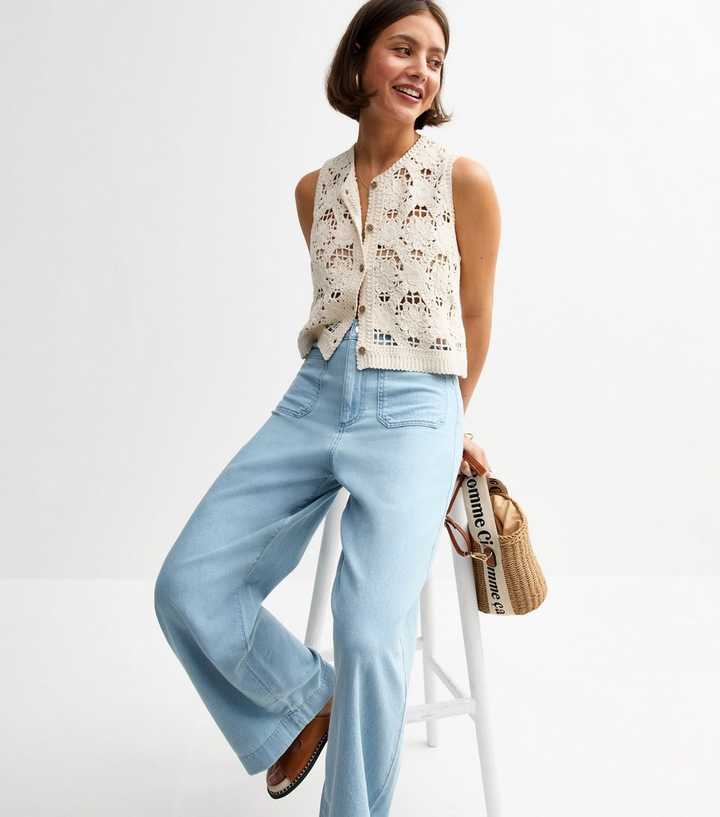 Pale Blue Wide Leg Patch Pocket Jeans