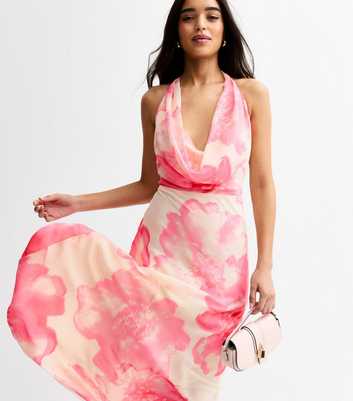 White Floral Print Halterneck Chiffon Midi Dress