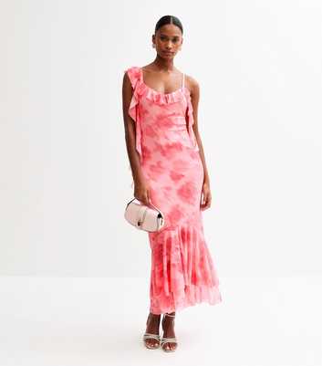 Pink Frilly Trimmed Mesh Midi Dress