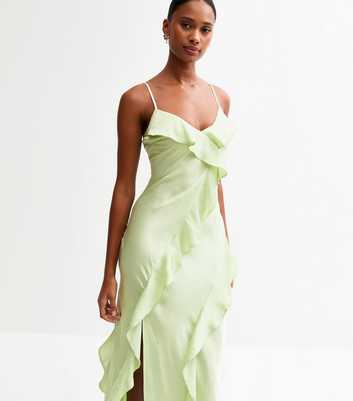 Green Ruffle Trim Satin Midi Dress
