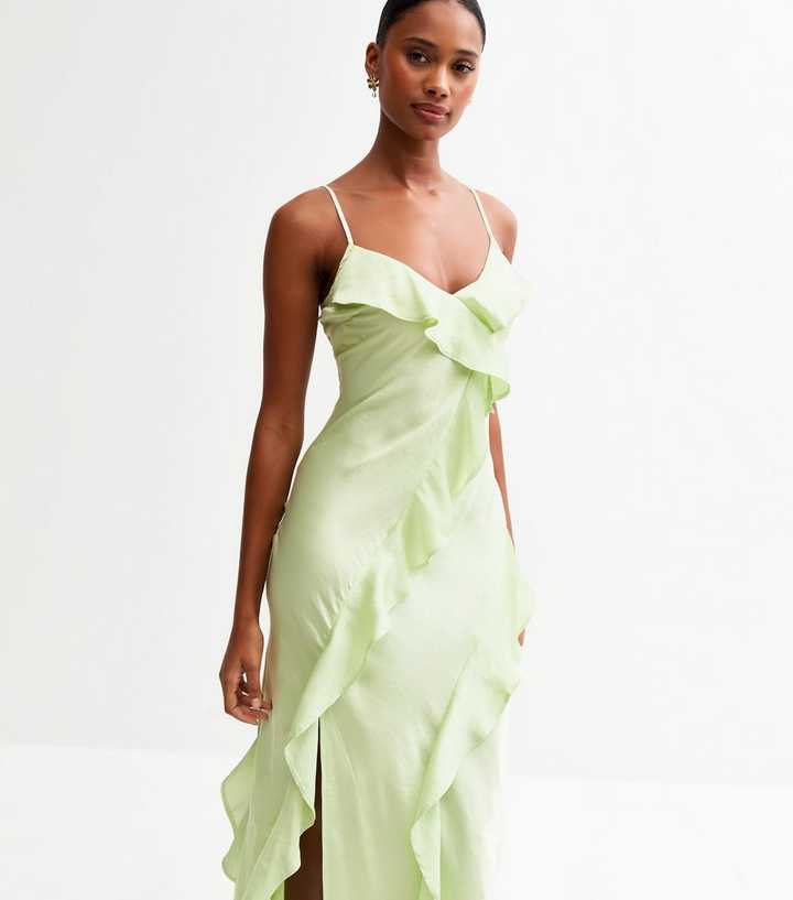 Green Ruffle Trim Satin Midi Dress