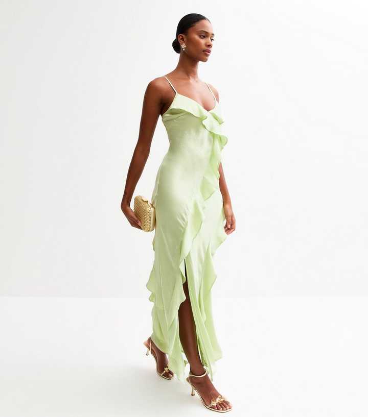 new look green satin dress Dark Green Satin Lace Trim Midi Dress