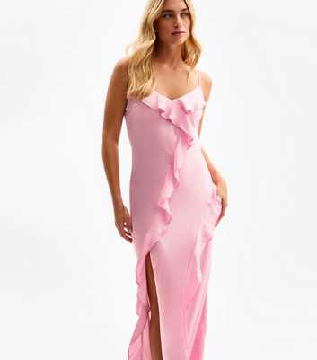 Pink Ruffle Trim Satin Midi Dress