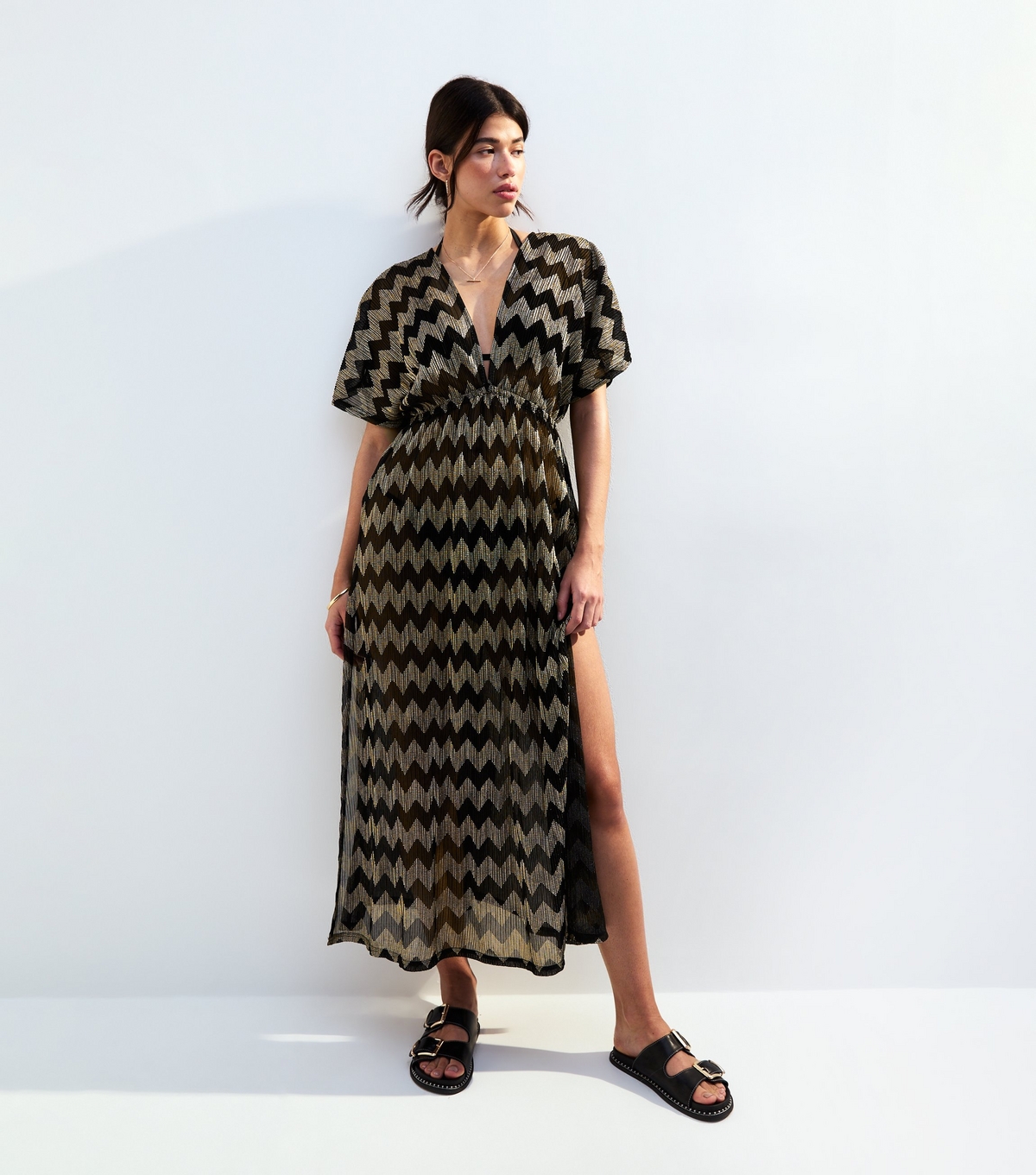 Women's Black Chevron Plisse Beach Maxi Dress New Look