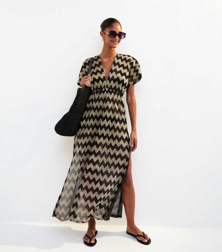 Black Chevron Plisse Beach Maxi Dress