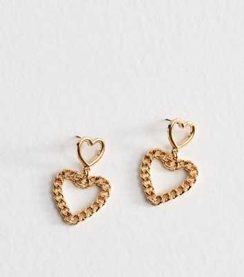 Gold Tone Chain Heart Drop Earrings