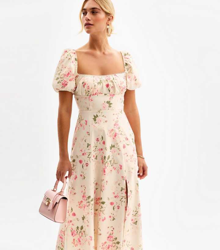 Off White Floral Print Puff Sleeve Midi Dress | New Look