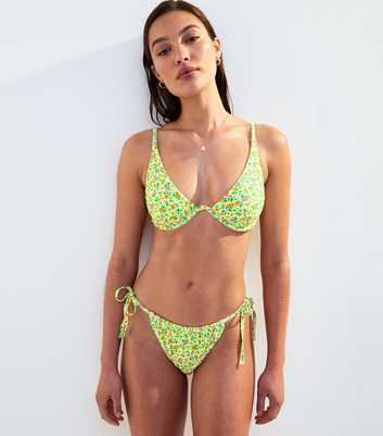 Yellow Floral Print Tie Side Bikini Bottoms
