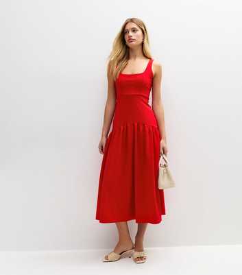 Red Square Neck Crepe Midi Dress