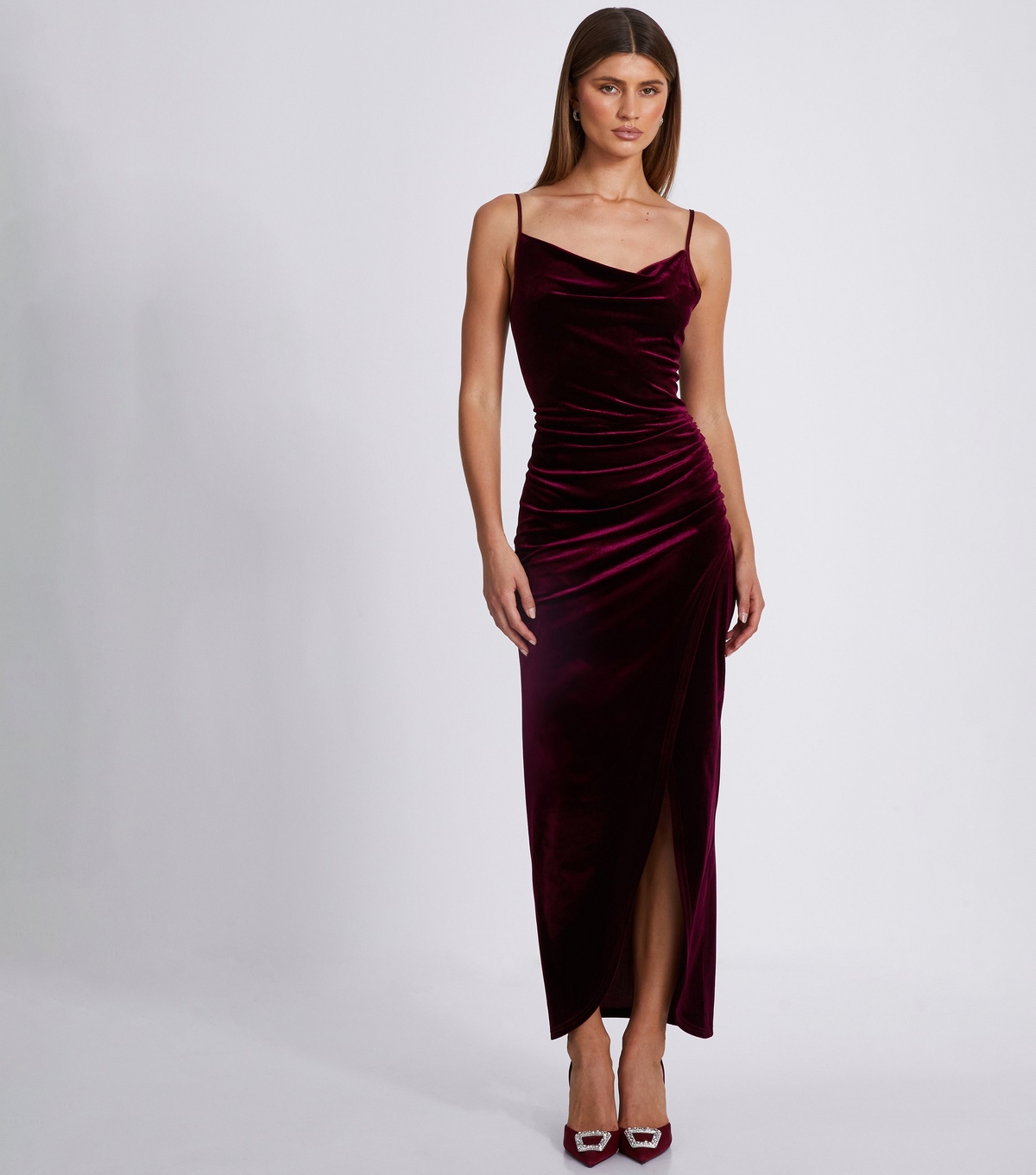 Women's Burgundy Draped Velvet Midaxi Dress Quiz New Look