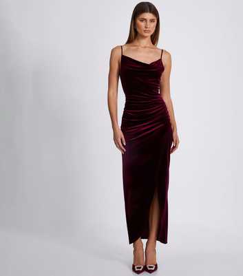 QUIZ Burgundy Draped Velvet Midaxi Dress