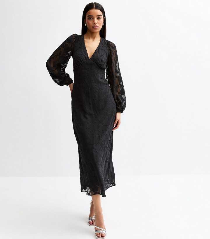 Black V-Neck Floral Devor Long Sleeve Midi Dress | New Look