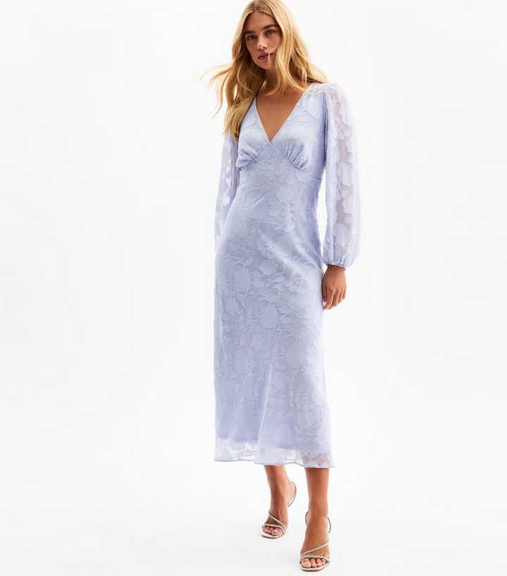 Light Blue V-Neck Floral Devoré Long Sleeve Midi Dress