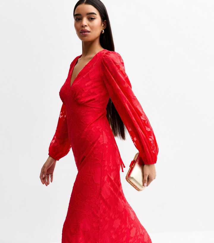 Red Floral Patterned Long Sleeve Midi Dress | New Look