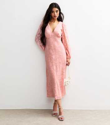 Pink Floral Patterned Long Sleeve Midi Dress