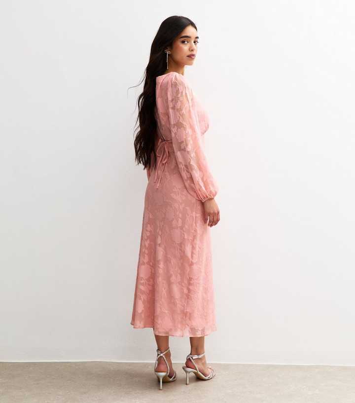 knee length dresses for ladies Pink Ribbed Long Sleeve Square Neck Maxi Dress main image 1