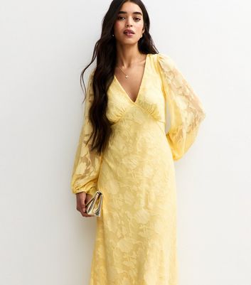 Yellow Floral Patterned Long Sleeve Midi Dress
